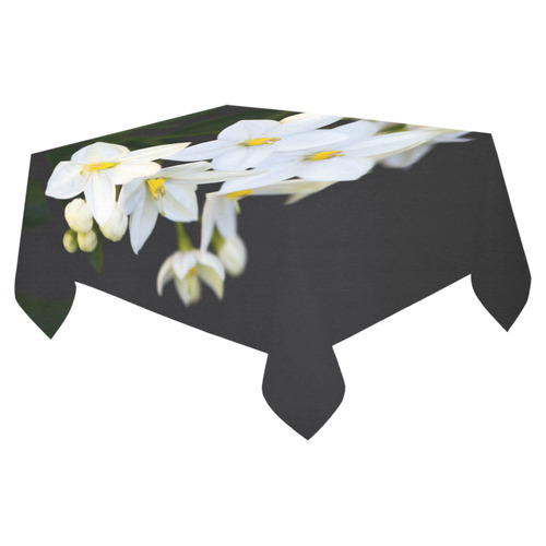 White Flowers Five Petals Yellow Floral Cotton Linen Tablecloth 52"x 70"