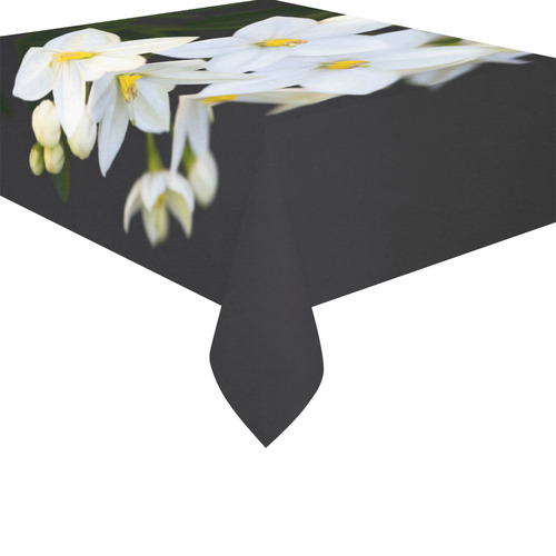 White Flowers Five Petals Yellow Floral Cotton Linen Tablecloth 52"x 70"