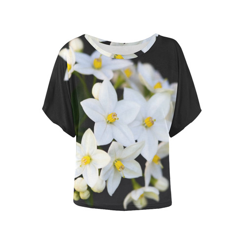 White Flowers Five Petals Yellow Floral Women's Batwing-Sleeved Blouse T shirt (Model T44)