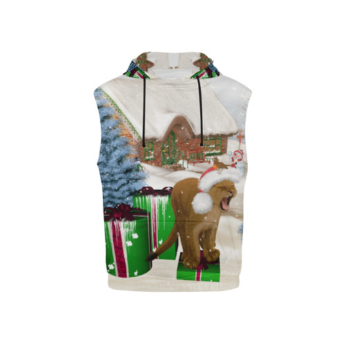 Christmas cute little lion with christmas hat All Over Print Sleeveless Hoodie for Kid (Model H15)