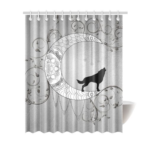 Mandala Moon With Wolf Shower Curtain, Wolf Shower Curtain