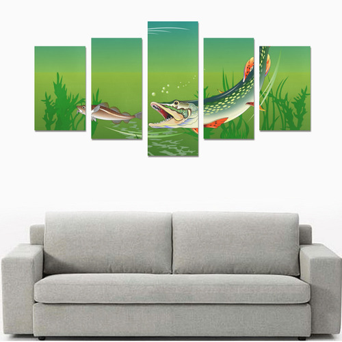 Huge Pike Attacks Small Fish Canvas Print Sets C (No Frame)