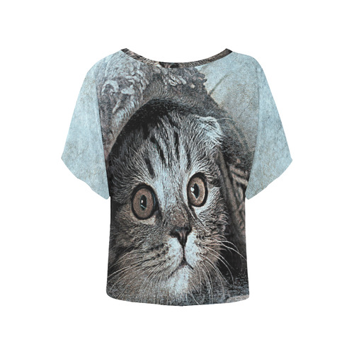 Peekaboo Kitten Women's Batwing-Sleeved Blouse T shirt (Model T44)