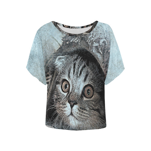 Peekaboo Kitten Women's Batwing-Sleeved Blouse T shirt (Model T44)