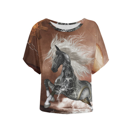 Amazing steampunk horse, silver Women's Batwing-Sleeved Blouse T shirt (Model T44)