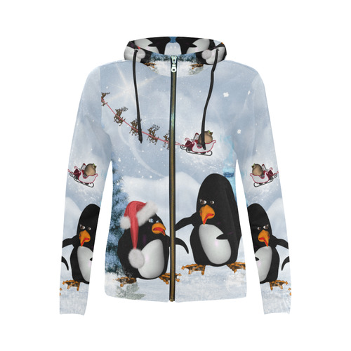 Christmas, funny, cute penguin All Over Print Full Zip Hoodie for Women (Model H14)