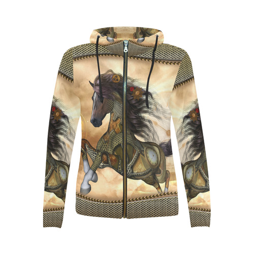 Aweseome steampunk horse, golden All Over Print Full Zip Hoodie for Women (Model H14)