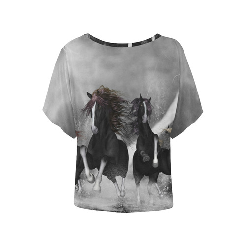 Awesome running black horses Women's Batwing-Sleeved Blouse T shirt (Model T44)