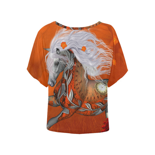 Wonderful steampunk horse, red white Women's Batwing-Sleeved Blouse T shirt (Model T44)