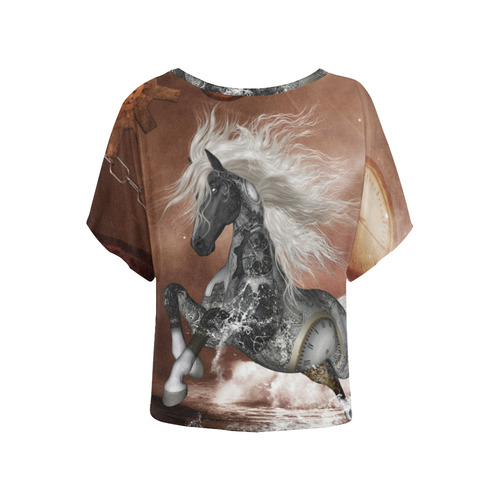 Amazing steampunk horse, silver Women's Batwing-Sleeved Blouse T shirt (Model T44)