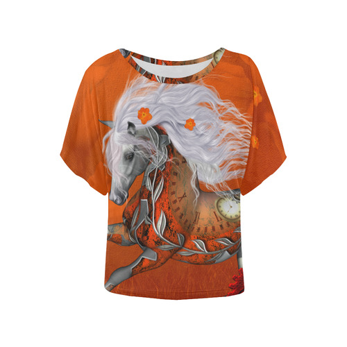 Wonderful steampunk horse, red white Women's Batwing-Sleeved Blouse T shirt (Model T44)