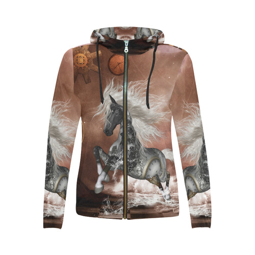 Amazing steampunk horse, silver All Over Print Full Zip Hoodie for Women (Model H14)