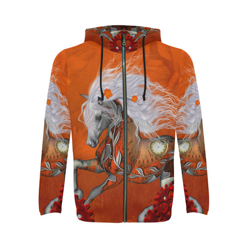 Wonderful steampunk horse, red white All Over Print Full Zip Hoodie for Men (Model H14)