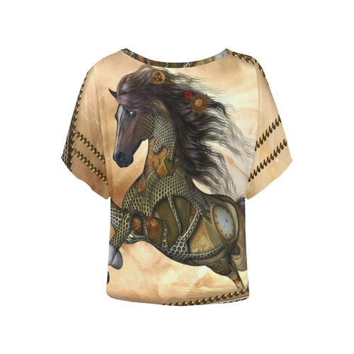 Aweseome steampunk horse, golden Women's Batwing-Sleeved Blouse T shirt (Model T44)