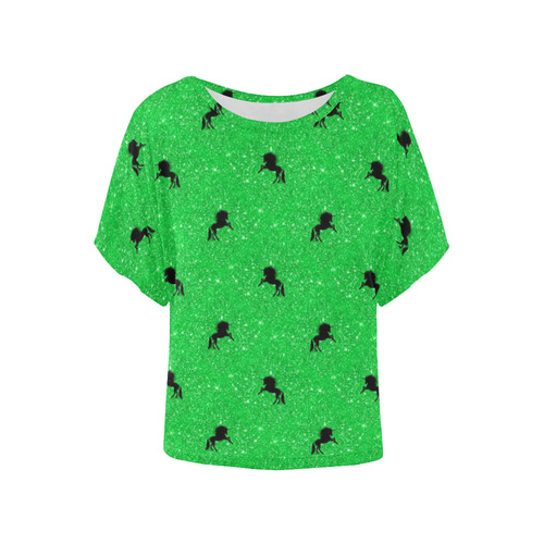 unicorn pattern green by JamColors Women's Batwing-Sleeved Blouse T shirt (Model T44)