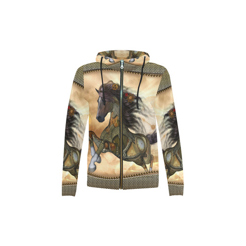 Aweseome steampunk horse, golden All Over Print Full Zip Hoodie for Kid (Model H14)