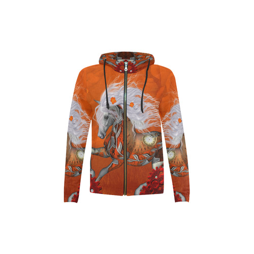 Wonderful steampunk horse, red white All Over Print Full Zip Hoodie for Kid (Model H14)