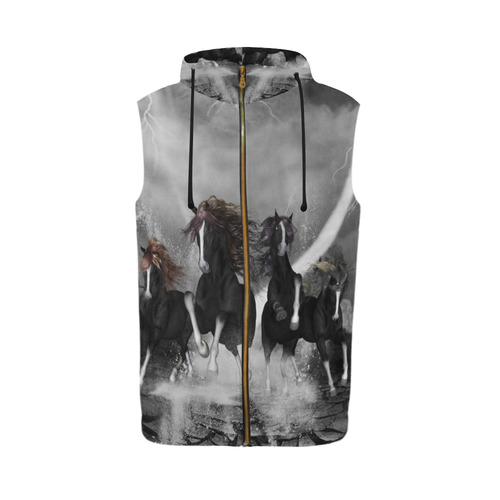 Awesome running black horses All Over Print Sleeveless Zip Up Hoodie for Men (Model H16)