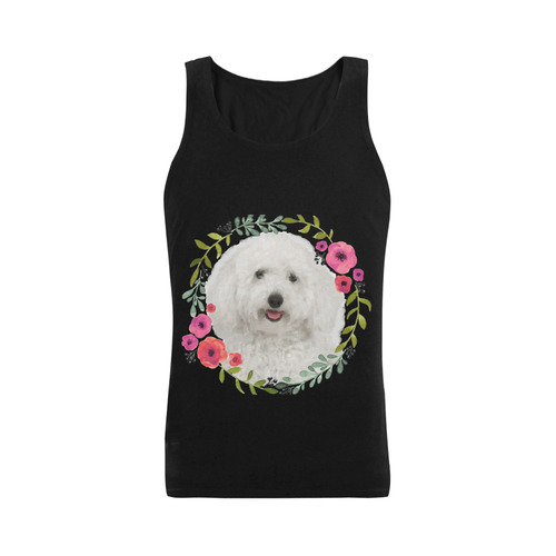 Cute White Puppy Pink Floral Garland Plus-size Men's Shoulder-Free Tank Top (Model T33)