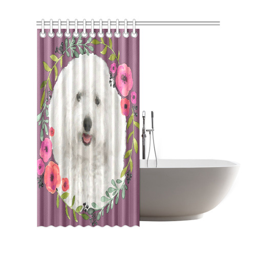 Cute White Puppy Pink Floral Garland Shower Curtain 69"x72"