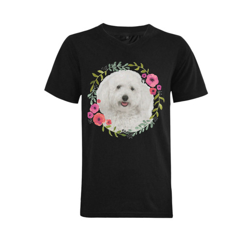 Cute White Puppy Pink Floral Garland Men's V-Neck T-shirt  Big Size(USA Size) (Model T10)
