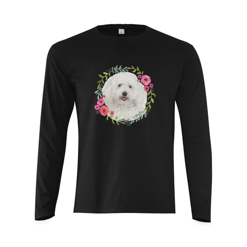 Cute White Puppy Pink Floral Garland Sunny Men's T-shirt (long-sleeve) (Model T08)