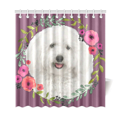 Cute White Puppy Pink Floral Garland Shower Curtain 69"x72"