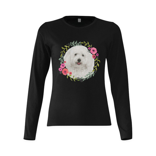 Cute White Puppy Pink Floral Garland Sunny Women's T-shirt (long-sleeve) (Model T07)