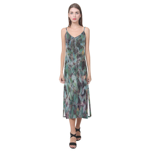 Foliage Greens #9636 V-Neck Open Fork Long Dress(Model D18)
