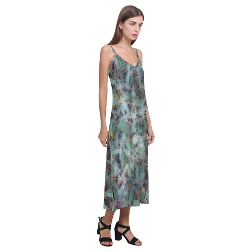 Foliage Greens #9636 V-Neck Open Fork Long Dress(Model D18)