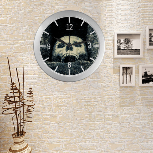 Halloween Gothic Horror Human Skull Wall Clock Silver Color Wall Clock