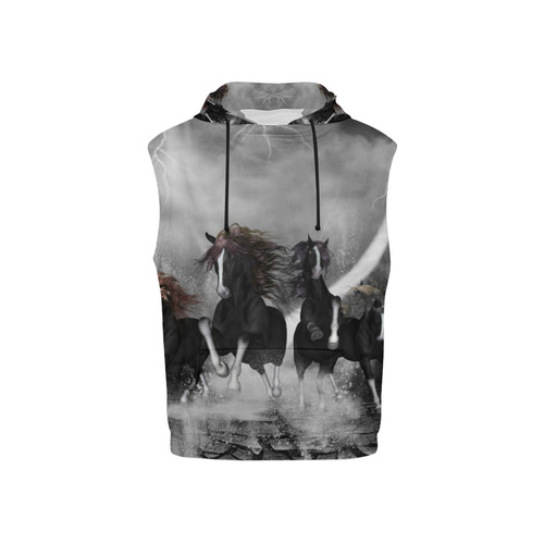 Awesome running black horses All Over Print Sleeveless Hoodie for Kid (Model H15)