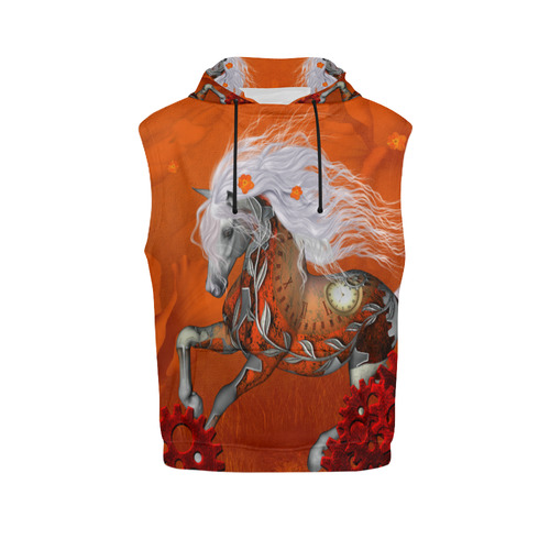 Wonderful steampunk horse, red white All Over Print Sleeveless Hoodie for Men (Model H15)