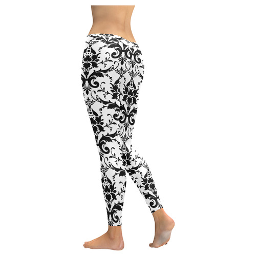 Black & White Floral Damask Pattern Women's Low Rise Leggings (Invisible Stitch) (Model L05)