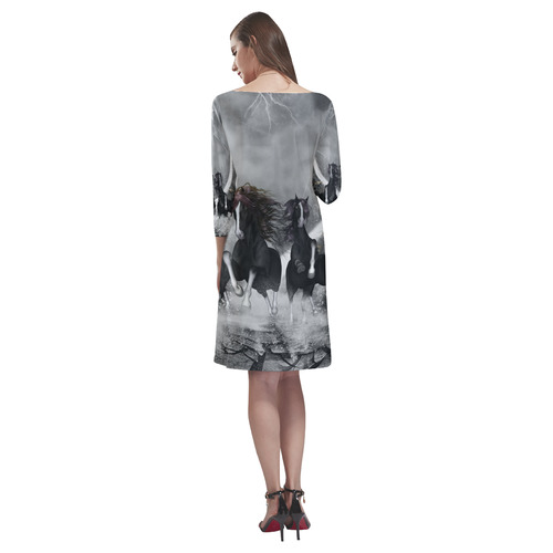 Awesome running black horses Rhea Loose Round Neck Dress(Model D22)