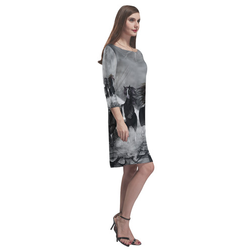 Awesome running black horses Rhea Loose Round Neck Dress(Model D22)