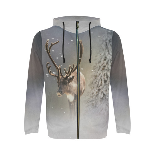 Santa Claus Reindeer in the snow All Over Print Full Zip Hoodie for Men (Model H14)