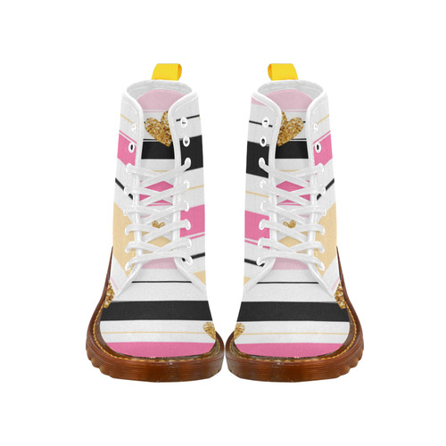 Gold Hearts Pink Stripes Cute Cool Martin Boots For Women Model 1203H