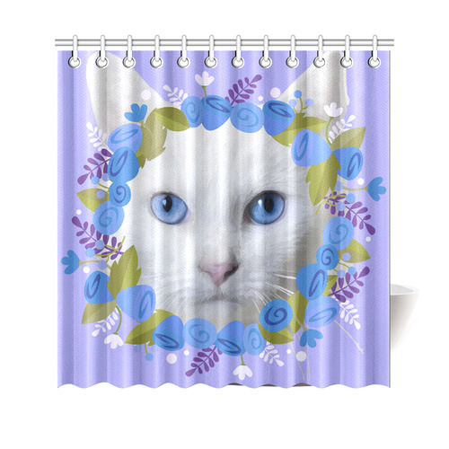 Beautiful Cat Blue Eyes Floral Watercolor Shower Curtain 69"x70"