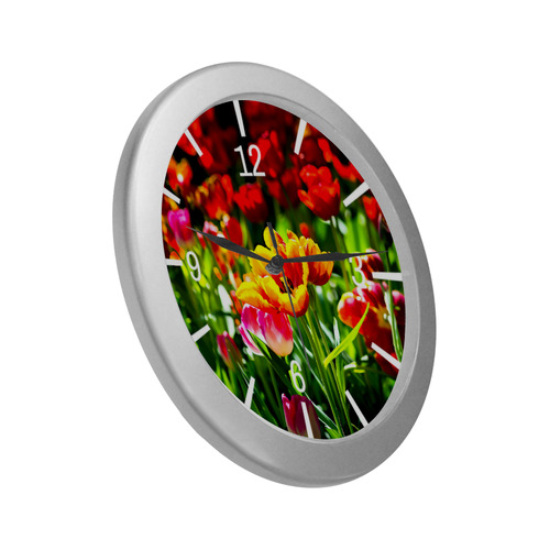 Colorful tulip flowers positive spring floral scene Silver Color Wall Clock