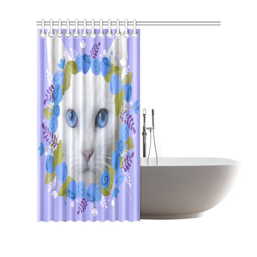 Beautiful Cat Blue Eyes Floral Watercolor Shower Curtain 69"x70"