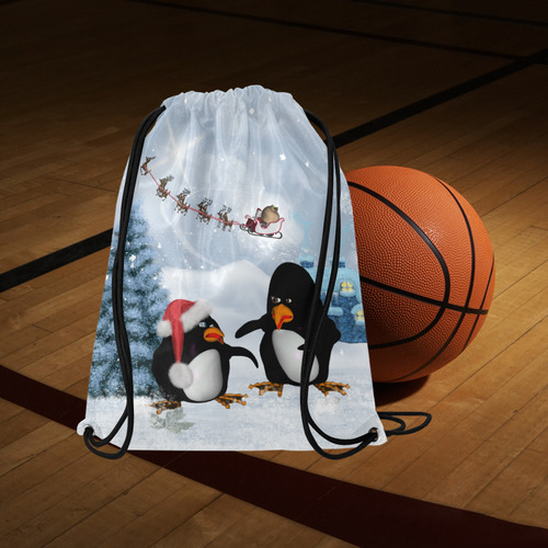 Christmas, funny, cute penguin Large Drawstring Bag Model 1604 (Twin Sides)  16.5"(W) * 19.3"(H)