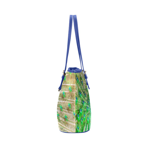 Peacock Blue Green Feathers Bird Nature Leather Tote Bag/Large (Model 1651)