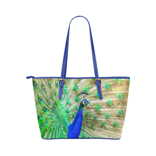 Peacock Blue Green Feathers Bird Nature Leather Tote Bag/Large (Model 1651)