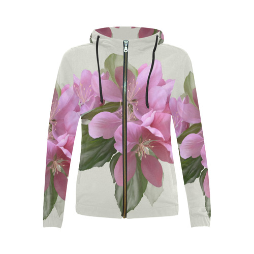 Pink Blossom Branch, , floral watercolor All Over Print Full Zip Hoodie for Women (Model H14)