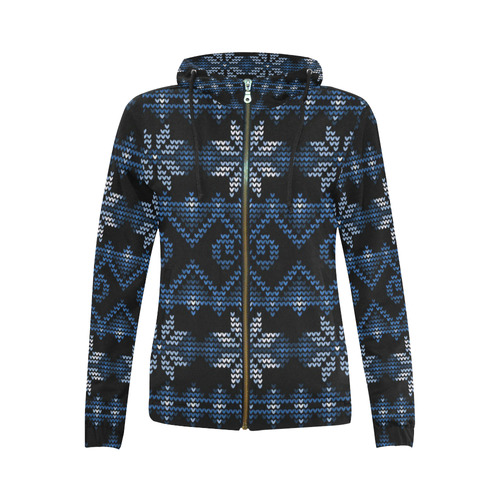 Ugly Christmas Sweater Faux Knit blue, Christmas All Over Print Full Zip Hoodie for Women (Model H14)