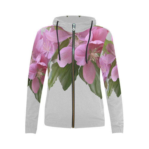 Pink Blossom Branch, , floral watercolor All Over Print Full Zip Hoodie for Women (Model H14)