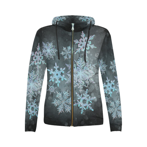 Snowflakes, snow, white and blue, Christmas All Over Print Full Zip Hoodie for Women (Model H14)