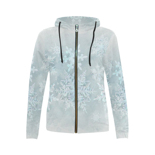 Snowflakes White and blue, Christmas All Over Print Full Zip Hoodie for Women (Model H14)