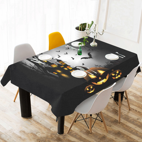 Spooky Halloween Pumpkins Haunted House Cotton Linen Tablecloth 60"x 104"